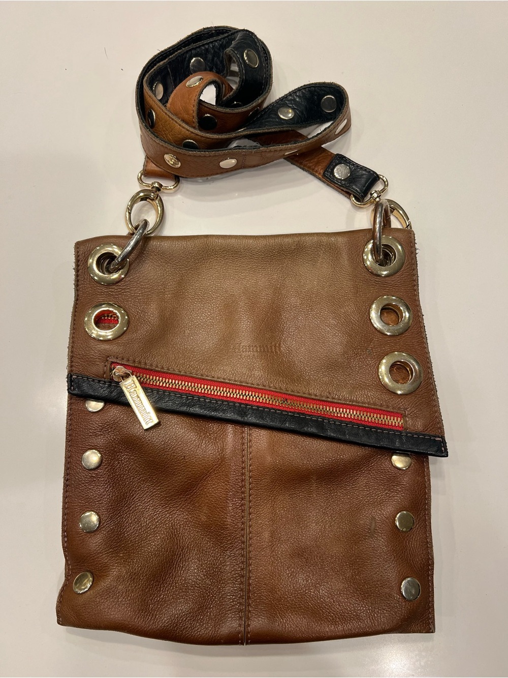 Hammitt Brown Leather Crossbody with Red Zip and Black Trim